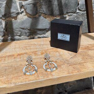 Prada Round Ivory Saffiano Leather Drop Crystal Earrings